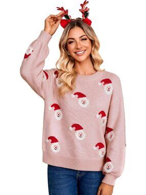 Light Pink Small Cute Christmas Sweater with Santa Hat & Snowman Knit Design